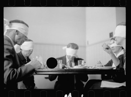 HistoricalFindings Photo: Men,Women,Groups,Blindfolded,Eating,Drinking,Dining,Tables,1935