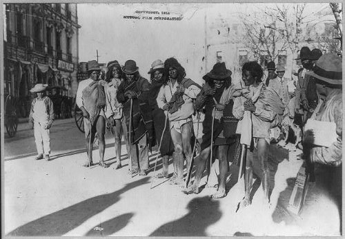 HistoricalFindings Photo: Mexican Revolution,1913-1914: Poorly Dressed Indians in a Row with Walking Stick