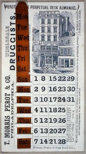 HistoricalFindings Photo: Perot & Co's Perpetual Desk Almanac,Advertisement,T. Morris Perot & Co,Druggist