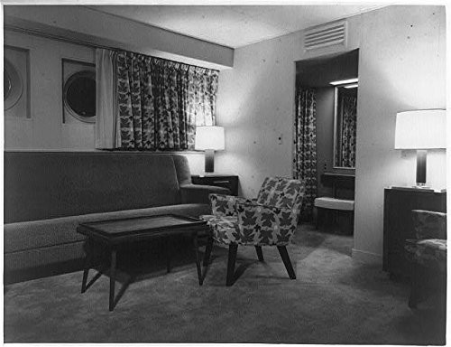 HistoricalFindings Photo: Stateroom,S.S. Independence?,Ship,c1950,Lamps,Couch,Chair,Tables