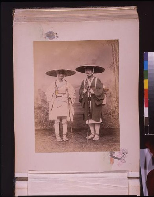 HistoricalFindings Photo: Two Travelers,Staffs,Wearing Hats,Walking Sticks,Mute,J Batchelder,Japan,c1890