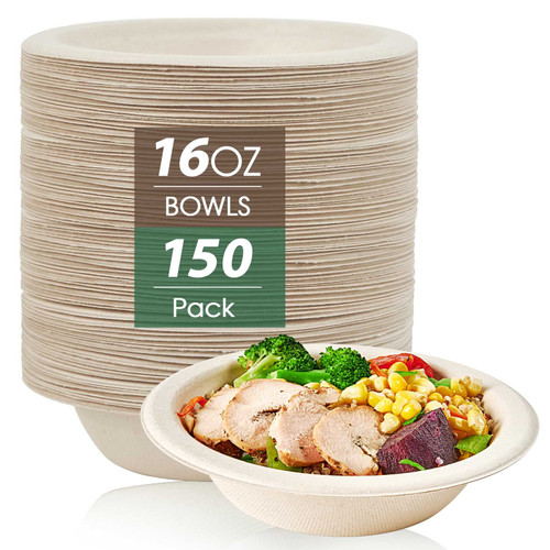 ECOLipak 150 Pack Compostable Paper Bowls, 16 oz Disposable Bowls, Biodegradable Soup Bowls Made of Natural Bagasse,Eco-Friendly Sugarcane Bowls for Salad Dessert(Nature)