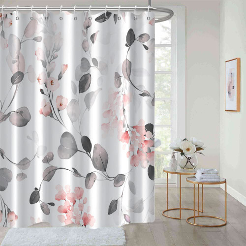 Ruelvth Eucalyptus Shower Curtain, Gray Eucalyptus Pink Floral Shower Curtain for Bathroom Waterproof Fabric Shower Curtain Set with Hooks, 72x78 Inch