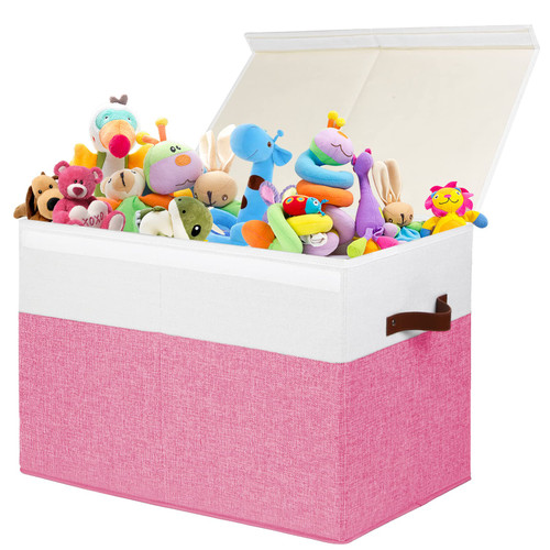 Large Toy Storage Box with Lid, Sturdy Toys Storage Chest Bin Organizer Basket with Dividers for Kids, Boys, Girls, Nursery, Closet, Bedroom, Playroom 25"x13" x16" (Pink and White)