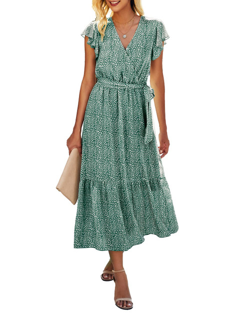 BTFBM Women Summer Bohemian Floral Casual Wrap V Neck Ruffle Cap Sleeveless Belt A-Line Pleated Hem Swing Midi Sun Dress (Dark Green, m) BTFBM Women Summer Bohemian Floral Casual Wrap V Neck Ruffle Cap Sleeveless Belt A-Line Pleated Hem Swing Midi Sun Dress (Dark Green, m)