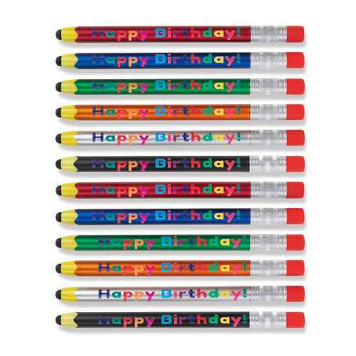 Birthday Gifts for Kids, "Happy Birthday" Stylus Pens Compatible with Phones & Touchscreen Devices+ Ballpoint Writing Pen, Shaped Like a Pencil, Birthday Party Supplies, Party Favors, Multi, 12 Pack