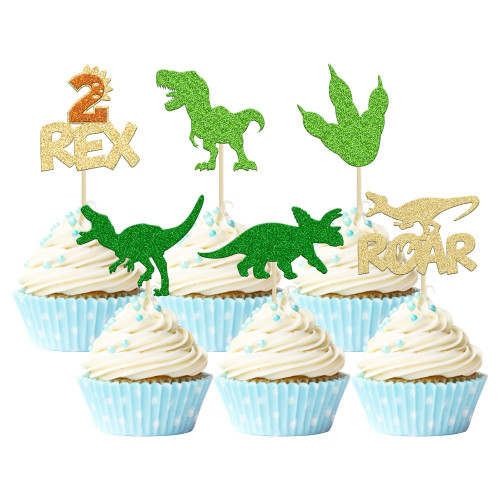 Gyufise 24Pcs Dinosaur Cupcake Toppers Glitter 2 Rex Roar Dinosaur Cupcake Picks Two Years Old Dino Theme Baby Shower Second Birthday Party Cake Decorations Supplies Gold
