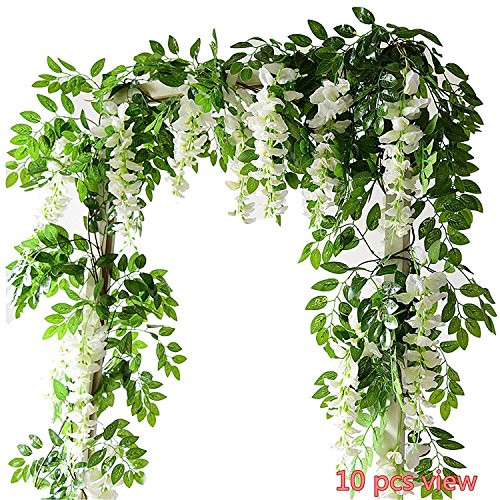 Miracliy Artificial Flowers Vine 2 Pcs 6.6ft Fake Silk Wisteria Ivy Vine Rattan Hanging Garland for Home Party Wedding Decor, White