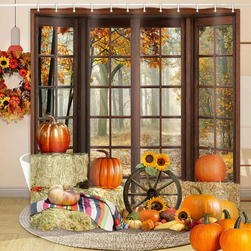 JAWO Fall Theme Shower Curtain for Bathroom, Autumn Gnome with Maple Leaf On Country Grey Barn Wooden Rustic Farmhouse Thanksgiving Fabric Shower Curtains 69x70 Inches
