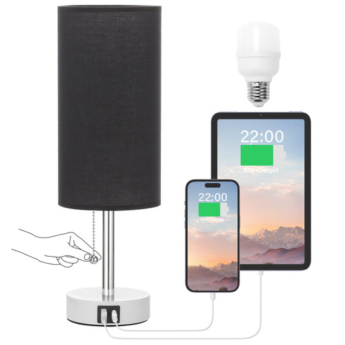 Hong-in Nightstand Lamp with 3 Color Modes - Black Lamp for Bedroom with USB-C USB-A Charging Ports, 3000/4000/5000k Bedside Lamps by Pull Chain, Small Table Lamp for Bedroom, Office, Living Room