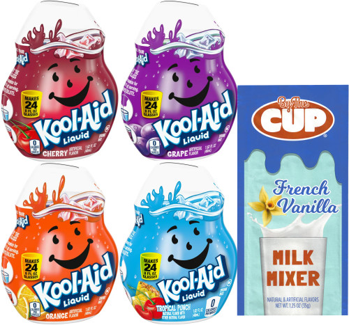 Kool-Aid Liquid Drink Mix 4 Flavor Variety, Tropical Punch, Grape, Orange, Cherry 1.62 fl oz (Pack of 4) with By The Cup Vanilla Milk Mixer