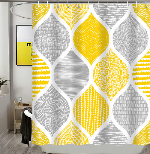 iTapnoom Boho Yellow and Grey Shower Curtain Set, Dark Gray Abstract Geometric Pattern Shower Curtains for Bathroom Decor Accessories, Modern Bohemia Paisley Fabric Bath Curtains with Hooks 72X72