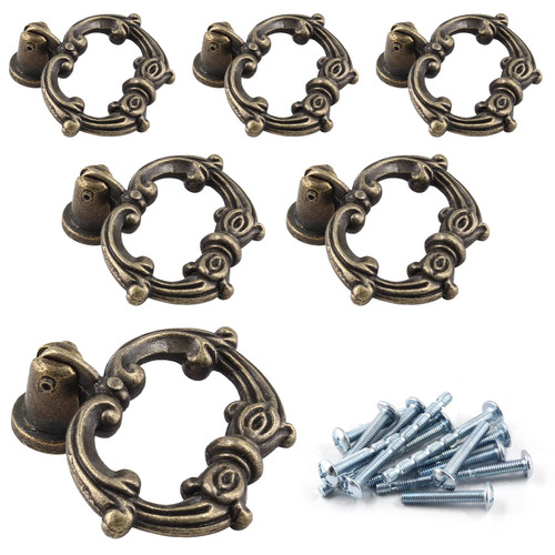 Luomorgo 6 Pcs Antique Bronze Drop Ring Drawer Pulls, Vintage Cabinet Pull Handles, Small Decorative Dresser Ring Pulls, Metal Pull Ring Handle for Kitchen Cabinets, Cupboard