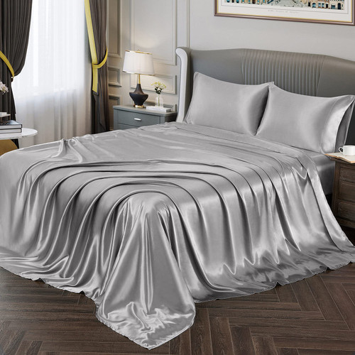 Vonty Satin Sheets Twin Silky Soft Satin Bed Sheets Silver Grey Satin Sheet Set, 1 Deep Pocket Fitted Sheet + 1 Flat Sheet + 1 Pillowcases