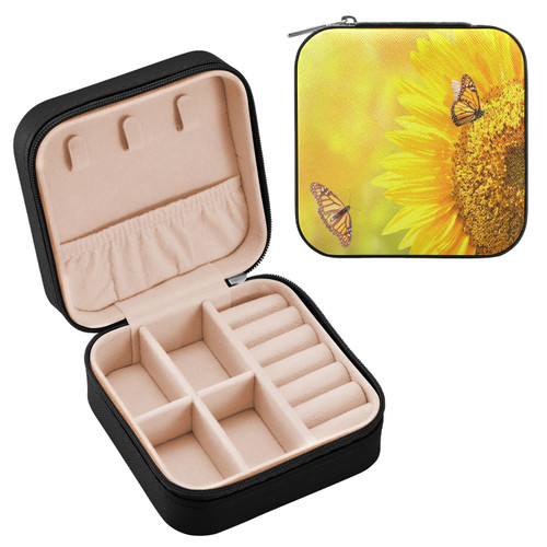 Sunflowers Butterflies Travel Jewelry Case PU Leather Portable Jewelry Box Travel Jewelry Organizer Small Jewelry Box for Ring Necklace Bracelet Earring Gifts Display Box Holder for Women Girls