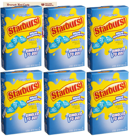 Starburst Blue Raspberry Singles to Go Drink Mix | 6 Boxes - 36 Flavor Packets of Sugar Free Water Enhancer Drink Mix Powder | Bundled with Ballard Hard Candy Recipe Card