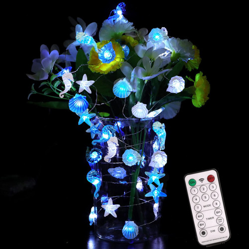 JOYFULPARTNER Nautical String Lights Seashell Ocean String Lights 10FT 30 LED Seahorse Conch Starfish Fairy Lights Battery Operated & USB with Remote Timer Nautical Theme Bedroom Birthday Party Decor
