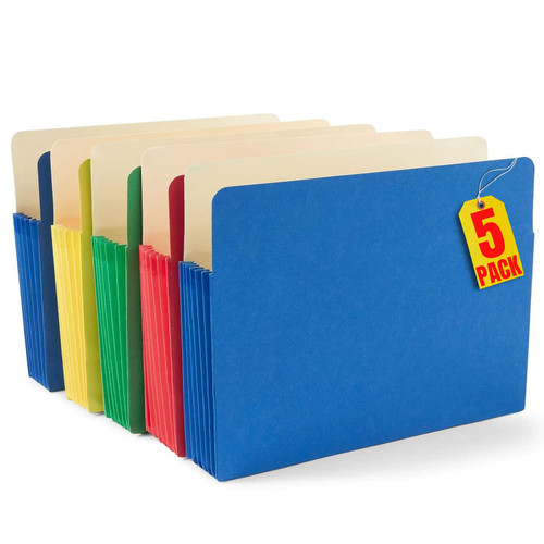 1InTheOffice File Jackets Letter Size, Expanding File Pockets, 5.25" Expansion, Assorted Colors, 5 Pack