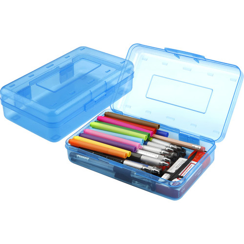 Pencil Box, Large Capacity Clear Pencil Case, 1 Pack Hard Pencil Case, Clear Crayon Box with Snap-tight Lid Stackable Design, Plastic Storage Box for Office Supplies, Blue