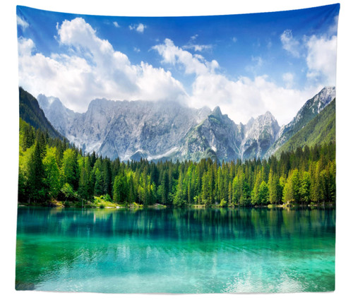 BELECO Green Lake Mountain Tapestry Forest Trees Landscape Tapestry Wall Hanging Blue Sky White Clouds Natural Scenery Tapestries for Bedroom Aesthetic Living Room Dorm Home Decor 106x70 Inch