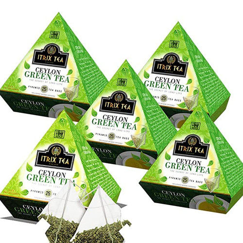 ITRIX Ceylon Green Tea 5 Packs - 100% Natural Tea Leaves - Refreshing & Delicious Beverage with Reusable Bag - 25 Tea Bags Per Pack