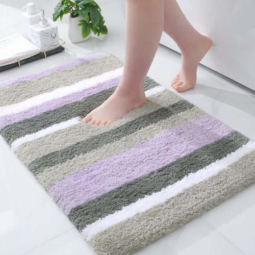 Buganda Microfiber Striped Bathroom Rugs Bath Mat, Extra Thick, Soft and Shaggy, Absorbent, Machine Washable, Anti-Slip Bath Rugs for Bathroom, Tub and Shower, 30x20, Purple-Grey