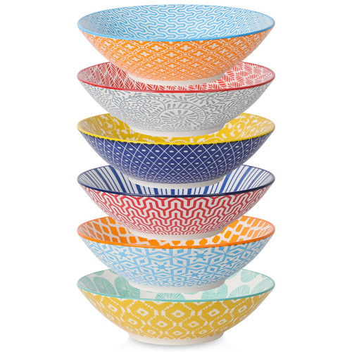 KitchenTour 30oz Large Pasta Bowls Soup Bowls - Ceramic Salad Bowls Serving Bowl - 8 Inch Wide and Shallow Bowls - Dishwasher and Microwave Safe - Set of 6