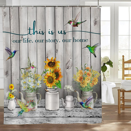 Mecowcm Farmhouse Shower Curtain Rustic Country Sunflower Hummingbird Shower Curtains with Hooks Polyester Waterproof Fabric Floral Bathroom Decor Curtain 60x72 Inch