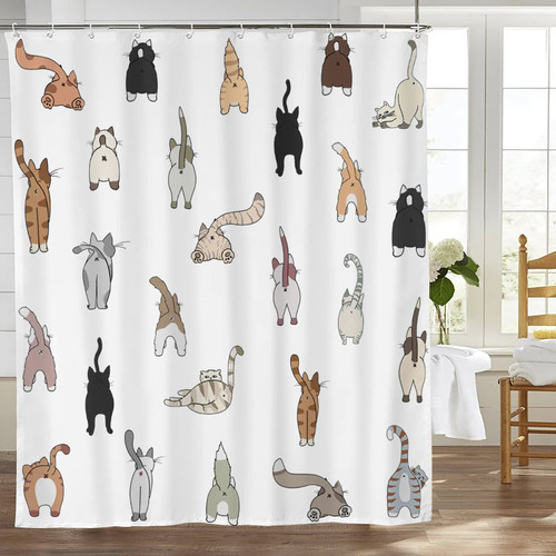 Remzoke Cat Shower Curtain Funny Cats Shower Curtains for Bathroom Cartoon Fun Kittens Waterproof Polyester Fabric Bathroom Decor Curtain with Hooks 72x72 Inches