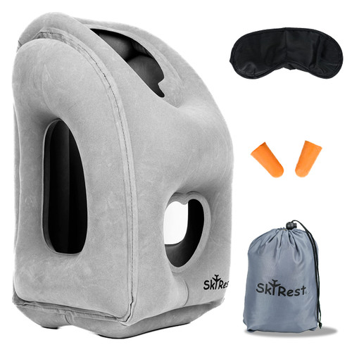 Skyrest Inflatable Travel Pillow - Neck Pillows for Travel, Travel Pillows for Sleeping Comfortably on Airplanes, Airplane Pillow for Buses, Cars, Office & Trains-Free Eye Mask and Earplugs- Grey