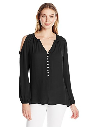 Karen Kane Women's Cold Shoulder Button-up Top, Black, M