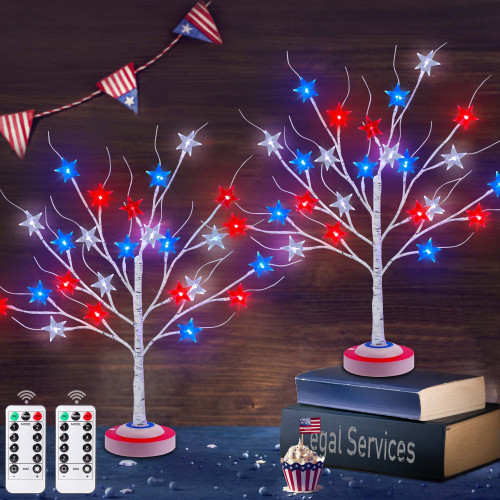 2 Pack 4th of July Decorations Patriotic Star Tree Lights 24 Red White Blue Lights Battery Operated with Timer Fourth of July Lighted Trees Decor for Patriotic Party Independence Day Home Decorations