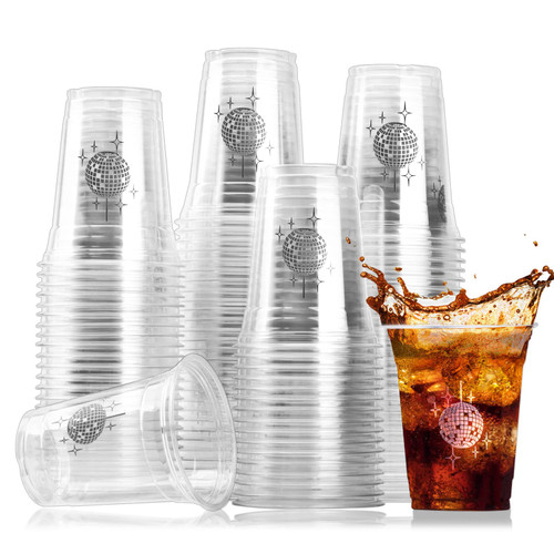 100 Pack Disco Party Plastic Cups Disco Ball Disposable Clear Cups 12 oz Drinking Cups Bulk for 70s 80s Disco Dance Party Supplies Wedding Bachelorette Drinkware Decorations