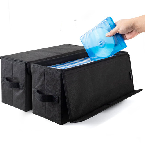 UENTIP DVD Storage Boxes - Pack of 2 DVD Case Storage - 17.25" x 6.25" x 8",Container holds 40 DVDs in full jewel cases,80 DVDs in slim cases,and 200 discs in DVD sleeves - Black (black-Covered type)