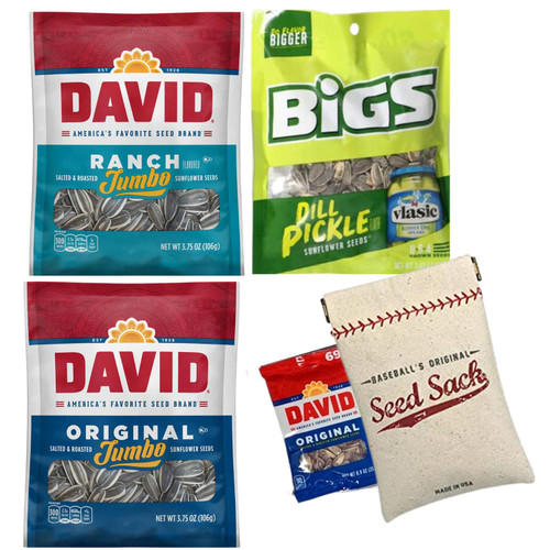 David Sunflower Seeds Ranch and Original (3.75 oz) Bigs Dill Pickle Sunflower Seeds (3.63 oz) - Variety Pack Baseball Bundle Featuring Baseball's Original Seed Sack David Sunflower Seeds Ranch and Original (3.75 oz) Bigs Dill Pickle Sunflower Seeds (3.63 oz) - Variety Pack Baseball Bundle Featuring Baseball's Original Seed Sack