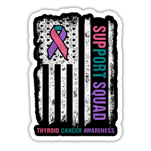 TODOLIA (Set of 3) - Support Squad Thyroid Cancer Awareness Sticker, Thyroid Purple Teal Pink Ribbon Flag Stickers for Laptop Water Bottle Phone Accessory Boat Car Bumper Window Helmet, Stickers 3"x4"