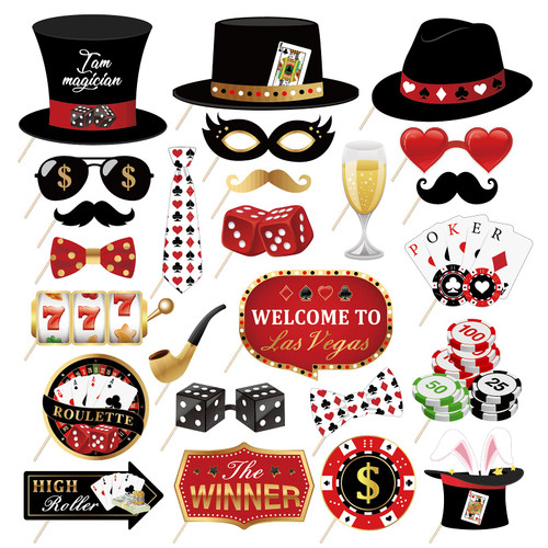 LJCL 25Pcs Casino Photo Booth Props with Stick, Las Vegas Casino Photo Booth Props Kit, Funny DIY Poker Theme Selfie Props Kit for Las Vegas Theme Poker Night Birthday Party Supplies