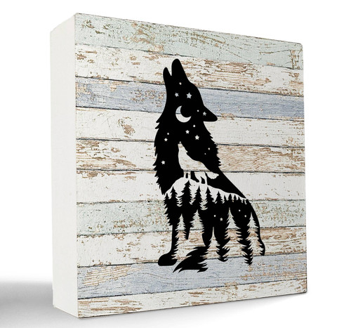 kunlisa Woodland Wild Animal Wolf Forest Camping Wooden Box Sign Desk Decor,Rustic Wood Block Plaque Box Sign for Campsite RV Wall Shelf Tabletop Decoration,Campers Camping Lovers Adventurers Gifts