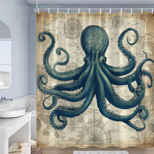 JJNAEE Nautical Octopus Shower Curtain Cool Octopus Tentacles Funny Kraken Ocean Marine Life Vintage Coastal Beach Theme Bathroom Decor Cloth Curtains with Hooks 70 x 70 in