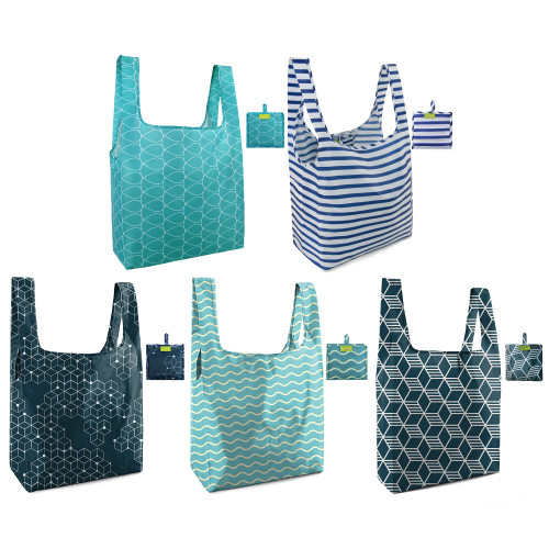 BeeGreen Stripe Reusable Grocery Bags Bulk 5 Pack, Geometry Reusable Shopping Bags Extra Large 50LBS, Machine Washable Kitchen Reusable Bags Heavy Duty, Foldable Tote Bags w Handle for Groceries