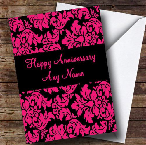 Floral Black Pink Damask Personalized Romantic Anniversary Greetings Greetings Card