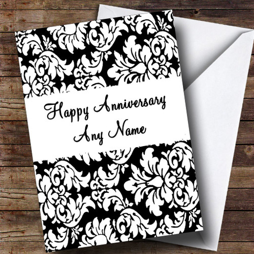 Floral Black White Damask Personalized Romantic Anniversary Greetings Greetings Card