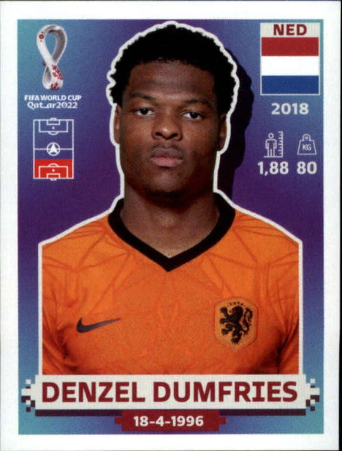 2022 Panini World Cup Qatar Sticker #NED8 Denzel Dumfries Group A Netherlands Mini Sticker Trading Card