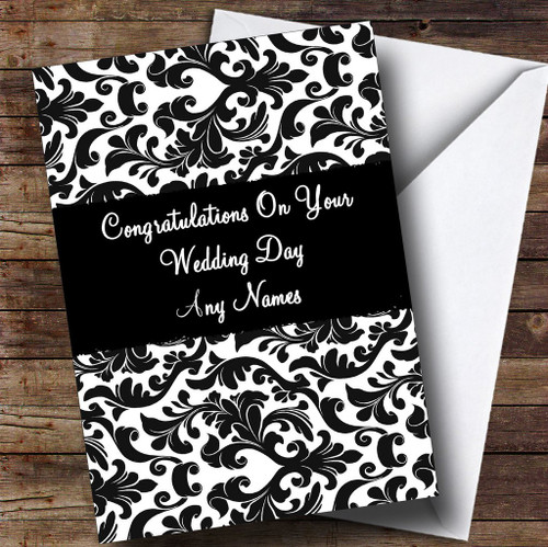 Black & White Damask Personalized Wedding Day Greetings Greetings Card Black & White Damask Personalized Wedding Day Greetings Greetings Card