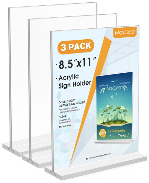 MaxGear 8.5x11 Acrylic Sign Holder 3 Pack, Clear Table Menu Display Stand Plastic Document Paper Holder Double Sided Flyer Holder T Shape Sign Frame for Store, Restaurant, Hotels, Office