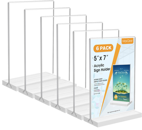 MaxGear 5x7 Acrylic Sign Holder 6 Pack, Clear Table Display Stand Double Sided Flyer Menu Holder Stand Photo Picture Acrylic Frame Plastic Stand Up Paper Holder for Offices Stores Restaurants Hotels