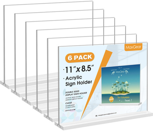 MaxGear 8.5 x 11 Acrylic Sign Holder Horizontal 6 Pack, Plastic Display Stand Clear Table Flyer Menu Holders, Double Sided Acrylic Frame Stand up T Shape Paper Holders for Office, Store, Restaurant