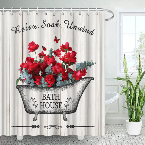 JONSEQIN Bathroom Rules Shower Curtain Bathtub Red Rose Floral Green Leafy Plant Vintage Wood Panel Farmhouse Country Nature Rural Rustic Bath Decor Curtains with Hooks