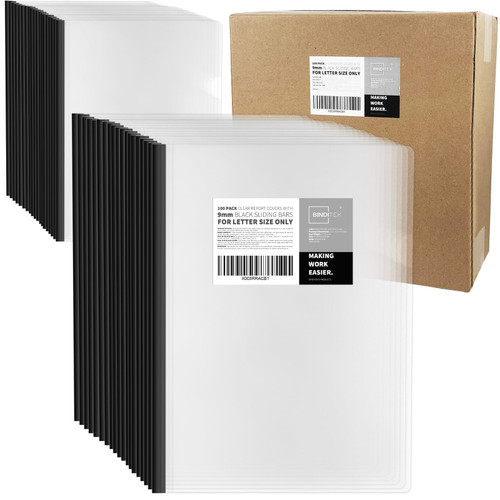 Binditek 100 Pack Clear Report Covers with Sliding Bars, 9mm Sliding Bar File Folder, 40 Sheet Capacity, Black Binding Bars, Letter Size