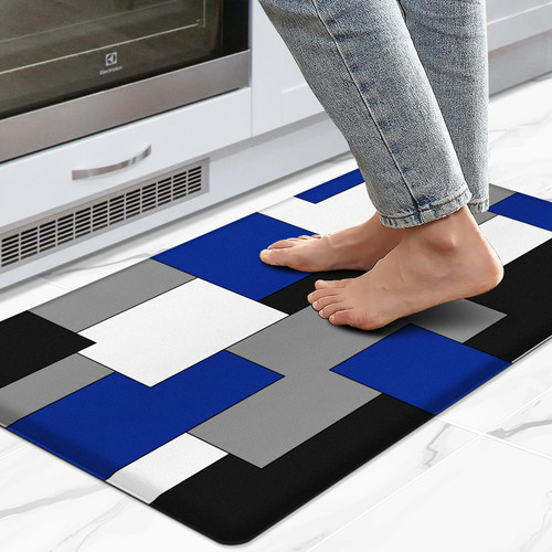 FYATHM Black Blue Grey White Kitchen Rug Anti-Fatigue Kitchen Mat for Floor Abstract Art Geometric Waterproof Non-Slip Kitchen Mat and Rug 17.3"x29.5" PVC Kitchen Floor Rug Mat for Home Sink Laundry